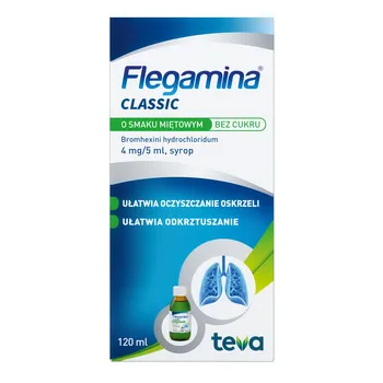 Flegamina, 4 mg/5 ml, syrop o smaku miętowym, bez cukru, 120 ml
