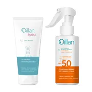Zestaw Oillan, Sun, ochronny spray przeciwsłoneczny do twarzy i ciała SPF50 do skóry wrażliwej, 125 ml + Baby, ochronne mleczko do ciała, 100 ml