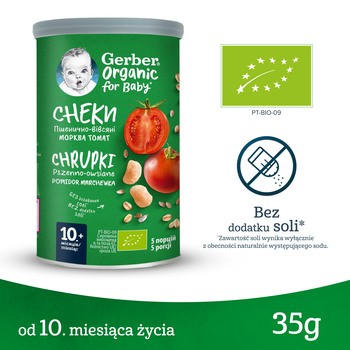 Gerber Organic, chrupki pszenno-owsiane pomidor, marchewka, 10 m+, 35 g