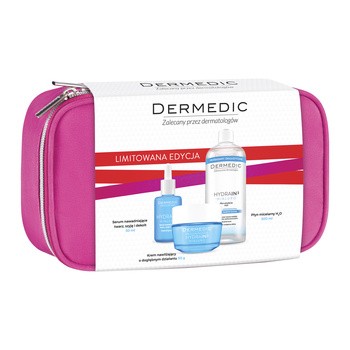 Zestaw Promocyjny Dermedic Hydrain 3, serum, 30 ml + krem, 50 g + płyn micelarny, 500 ml + kosmetyczka