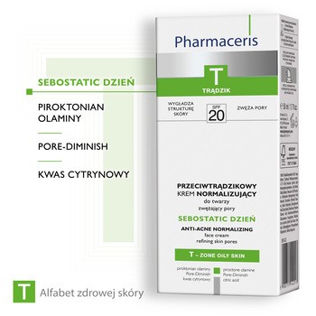 Pharmaceris T Sebostatic Dzień, przeciwtrądzikowy krem normalizujący, zwężający pory, SPF 20, 50 ml