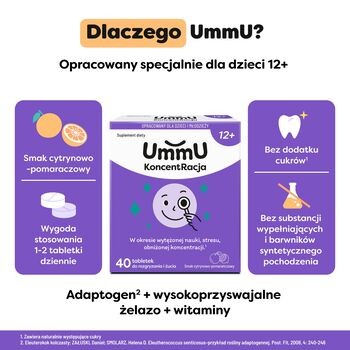 UmmU KoncentRacja 12+, tabletki do rozgryzania i żucia, 40 szt.