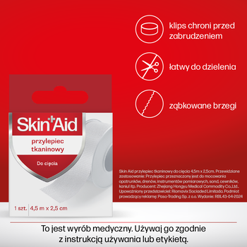 Skin Aid, przylepiec tkaninowy do cięcia, 2,5 cm x 4,5 m, 1 szt.