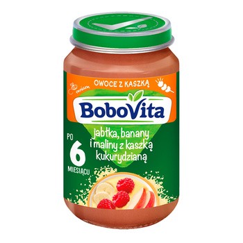 BoboVita, jabłka, banany i maliny z kaszką kukurydzianą, 6 m+, 190 g