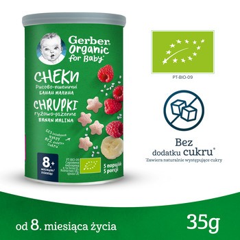 Gerber Organic, chrupki ryżowo-pszenne, banan, malina, 8 m+, 35 g