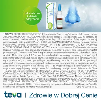 Xylometazolin Teva, 1 mg/ml, aerozol do nosa, roztwór, 10 ml