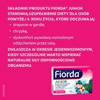 Fiorda Junior, pastylki do ssania, smak malinowy, 15 szt.