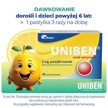 Uniben smak cytrynowy, 3 mg, pastylki twarde, 30 szt.
