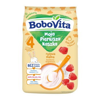 BoboVita Moja Pierwsza Kaszka, kaszka ryżowa, malina, bez cukru, 4 m+, 180 g