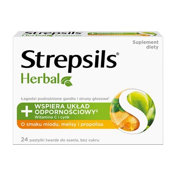 Strepsils Herbal, pastylki do ssania, smak miodu, melisy, propolisu, 24 szt.