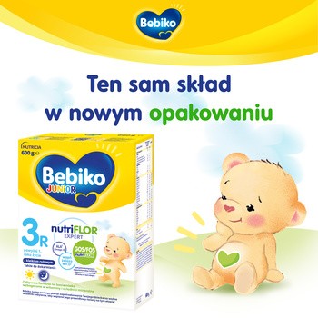 Bebiko Junior 3R NUTRIflor Expert, odżywcza formuła na bazie mleka z kleikiem ryżowym, powyżej 1. roku życia, proszek, 600 g