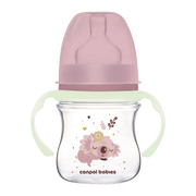Canpol Babies Easy Start, Sleepy Koala, butelka szeroka antykolkowa ze świecącymi uchwytami, różowa, 120 ml, 1 szt.