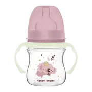 Canpol Babies Easy Start, Sleepy Koala, butelka szeroka antykolkowa ze świecącymi uchwytami, różowa, 120 ml, 1 szt.