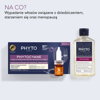 Zestaw Phytocyane, szampon uzupełniający kurację przeciw wypadaniu włosów dla kobiet, 250 ml + kuracja przeciw wypadaniu włosów dla kobiet, 12 ampułek x 5 ml