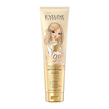 Eveline Cosmetics Glow and Go!, rozświetlająco-nawilżający balsam do ciała ze złotymi drobinkami, 150 ml