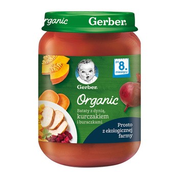 Gerber Organic, Bataty z dynią, kurczakiem i buraczkami, 8 m+, 190 g