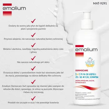 Emolium Dermocare, 3w1 płyn do kąpieli, żel do mycia, szampon, 400 ml
