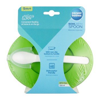Canpol Babies, miska z łyżeczką i pokrywką Krówka, 350 ml, zielona, 1 szt.